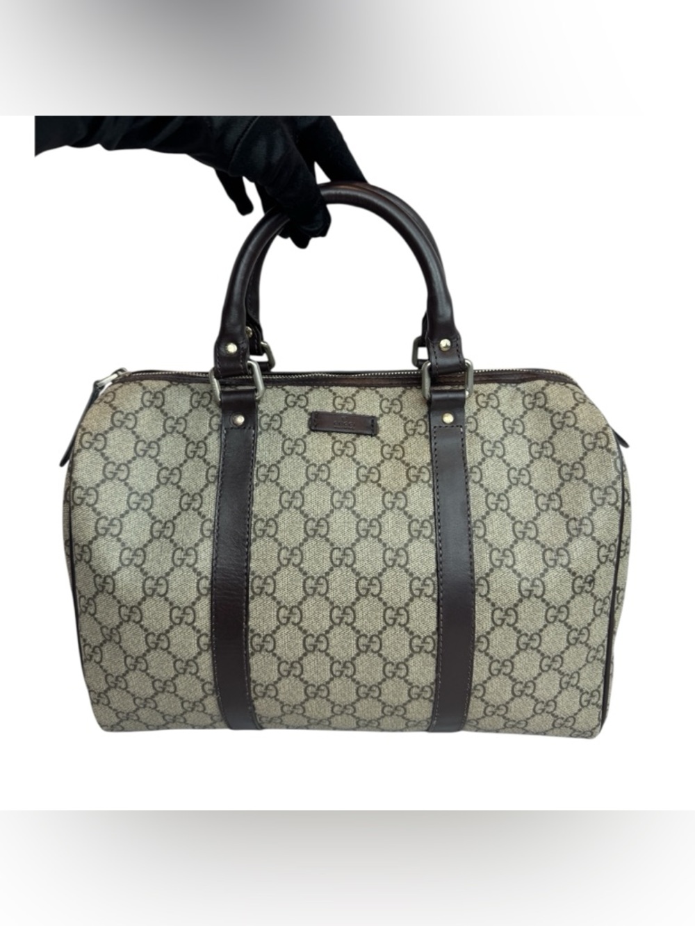 Gucci Beige GG Supreme Canvas Satchel with Dark Brown Leather Trim